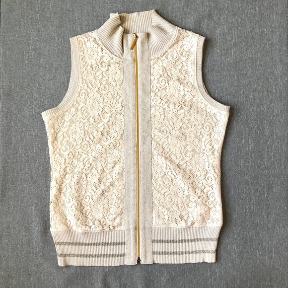 Thomo Ivory Sleeveless Full Zip Up Lace Half Lined Outerwear Vest Jacket Sz S - Picture 1 of 7